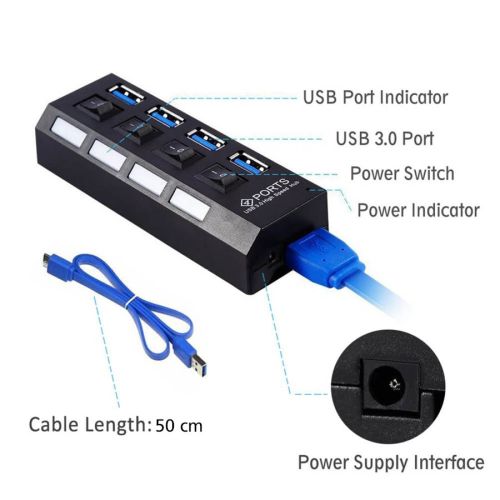 USB 3.0 HUB 4-Port Hi-Speed w / Switches & Blue LED Desing KO282