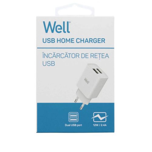 Universal 2xUSB FastTravel Wall Charger 5VDC / 2.4A (12W) Λευκό Well PSUP-USB-W22401WE-WL